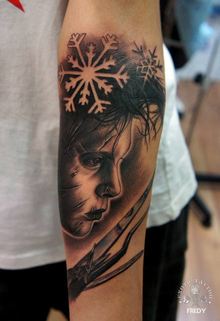 Black Ink Scary Boy Head Tattoo On Forearm By Fredy