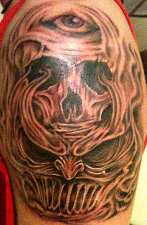 Black Ink Scary Skull Tattoo On Left Shoulder By Pig legion