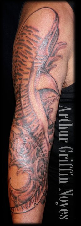 Black Ink Shark Tattoo On Man Right Full Sleeve By Arthur Griffin Noyes