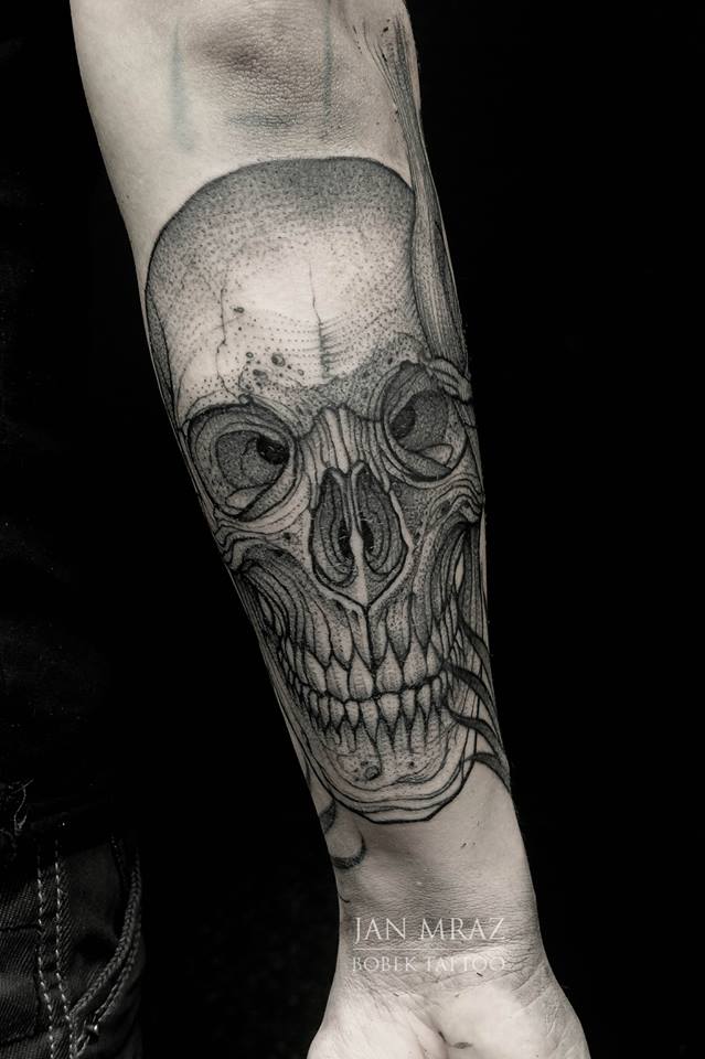 Black Ink Skull Tattoo On Left Forearm By Jan Mraz