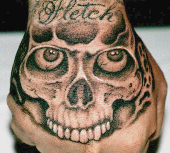 Black Ink Skull Tattoo On Right Hand