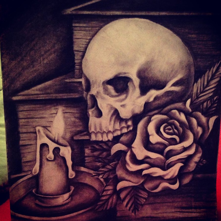Black Ink Skull With Burning Candle And Rose Tattoo Design