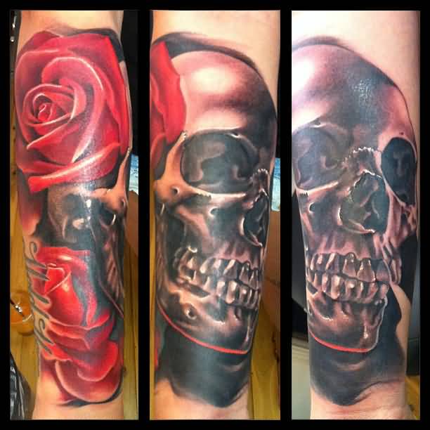Black Ink Skull With Two Red Roses Tattoo On Arm