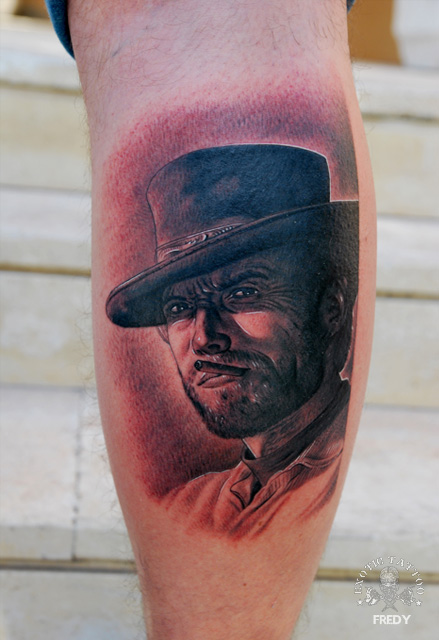 Black Ink Smoking Man Portrait Tattoo On Leg Calf By Fredy