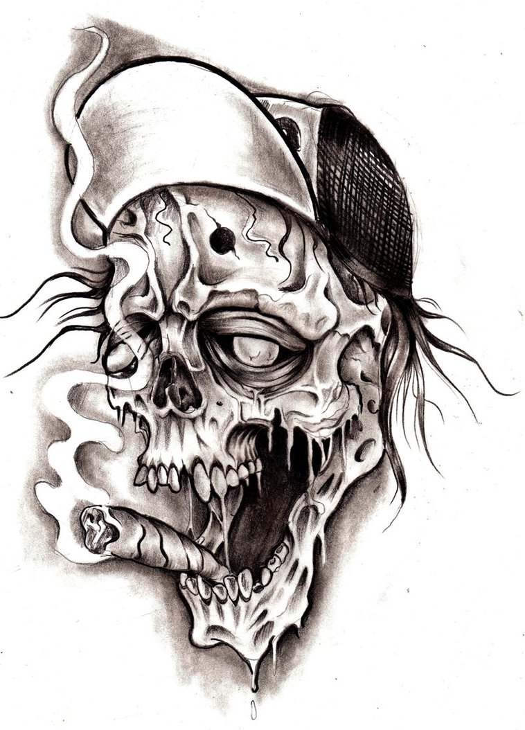 Black Ink Smoking Skull Tattoo Design By Piglegion