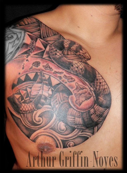 Black Ink Snake Tattoo On Man Right Front Shoulder By Arthur Griffin Noyes