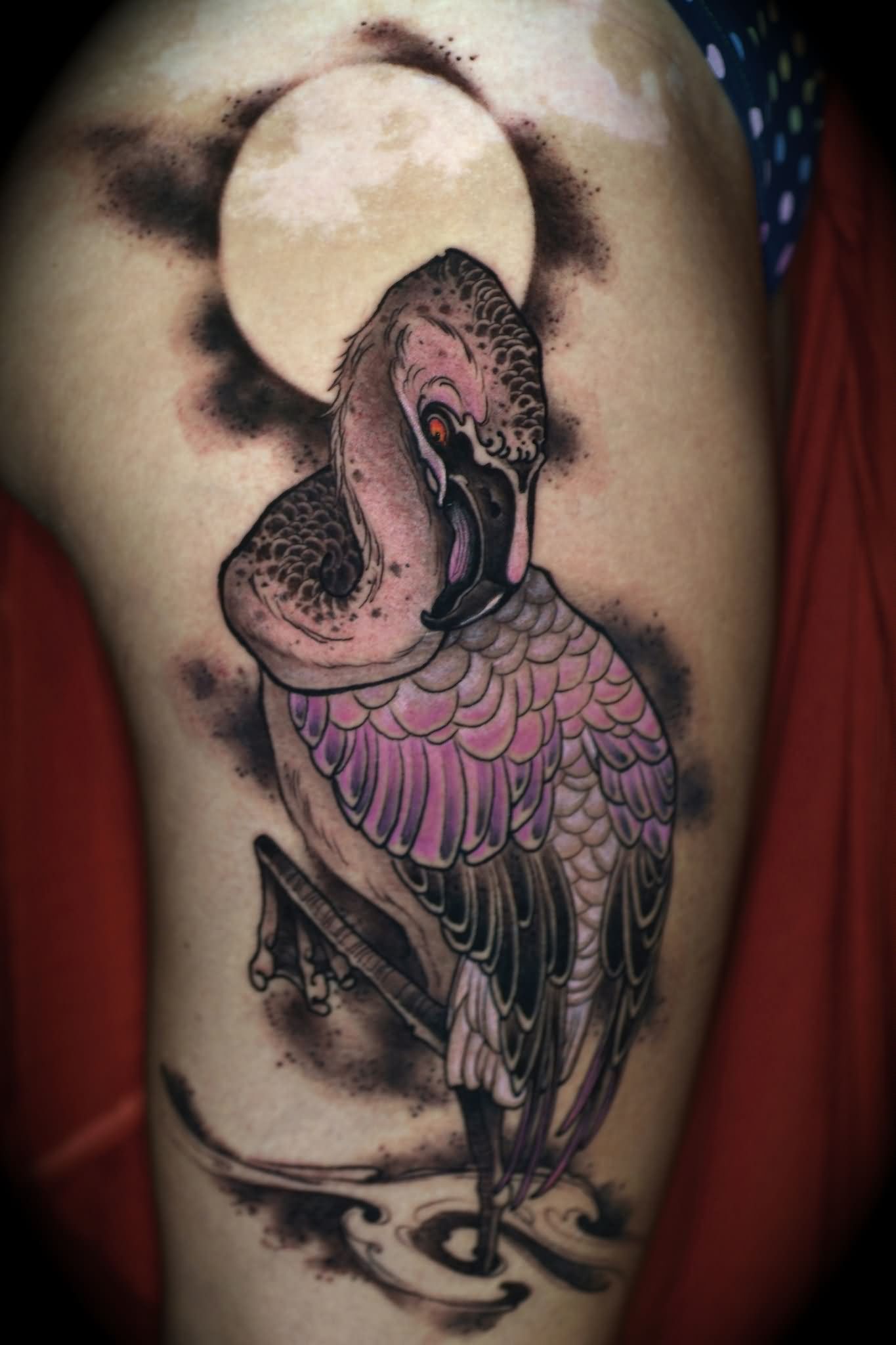 Black Ink Swan Tattoo On Left Half Sleeve