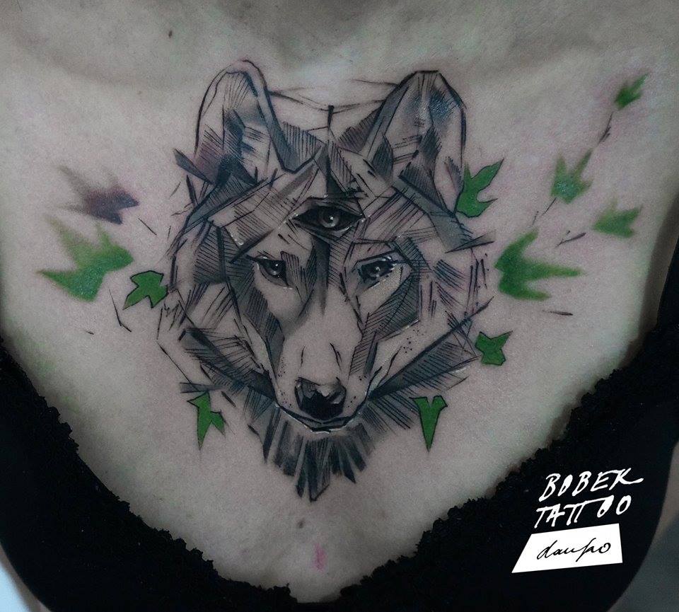 Black Ink Third Eye Wolf Head Tattoo Design