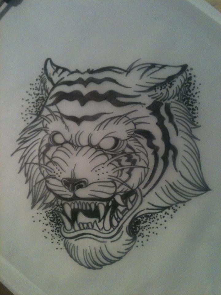 Black Ink Tiger Head Tattoo Design By Pig legion