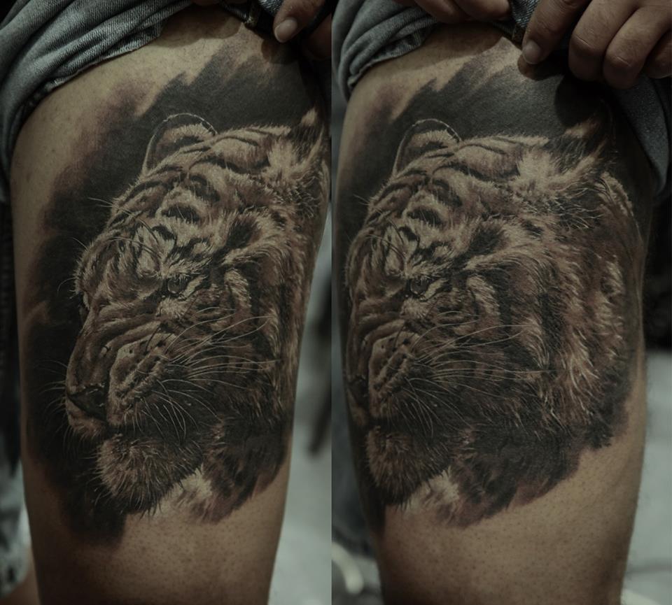 Black Ink Tiger Head Tattoo Design For Half Sleeve By Dmitriy Samohin