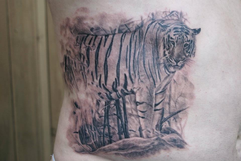 Black Ink Tiger Tattoo On Man Right Side Rib