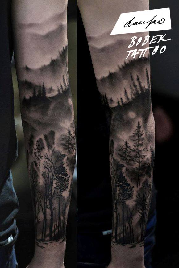 Black Ink Trees Tattoo On Left Arm By Dan Ko