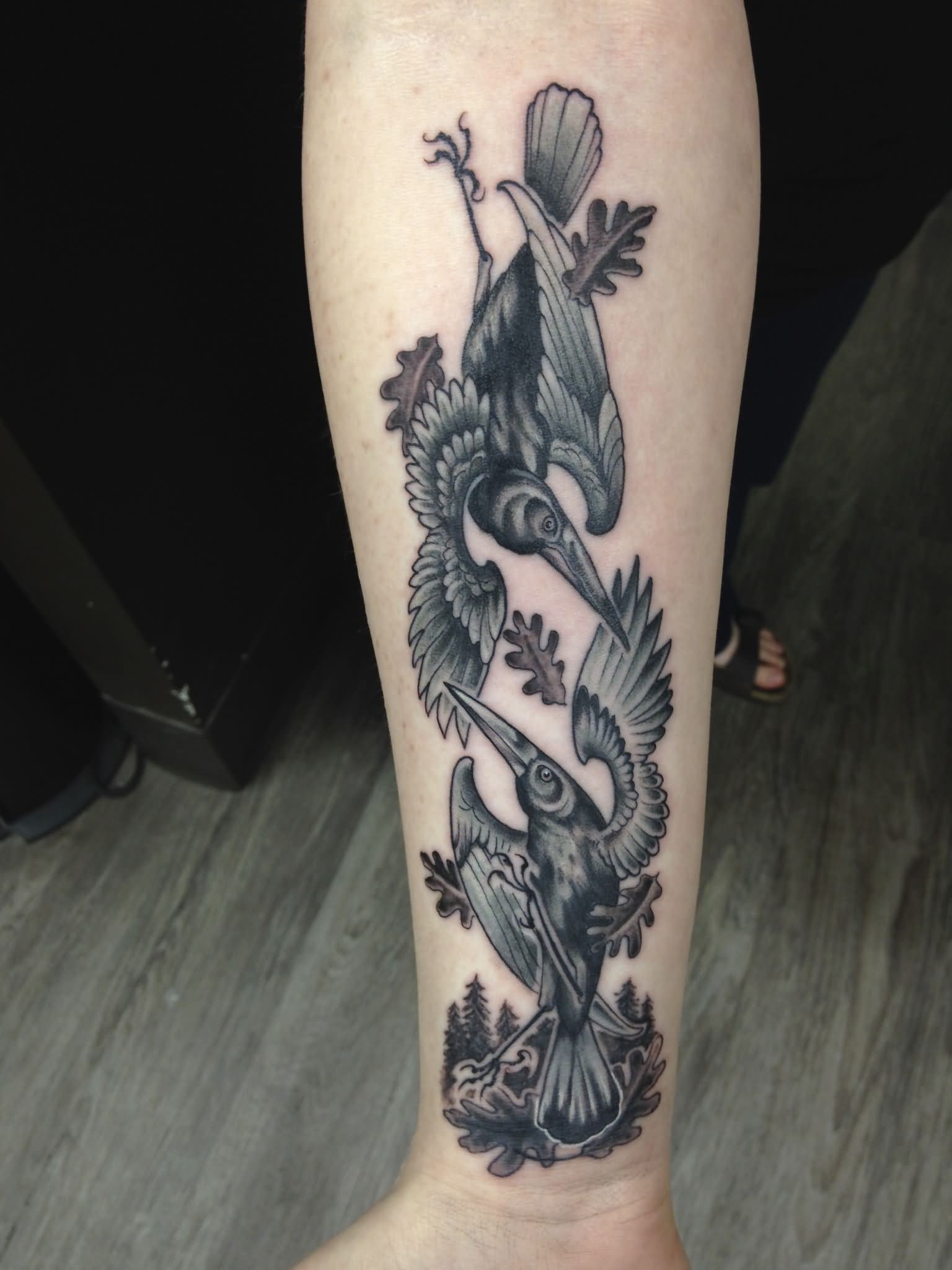Black Ink Two Crow Tattoo On Right Forearm By Daniel Troyer