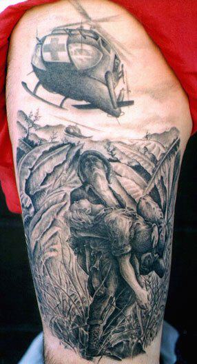 Black Ink War Scene Tattoo On Half Sleeve