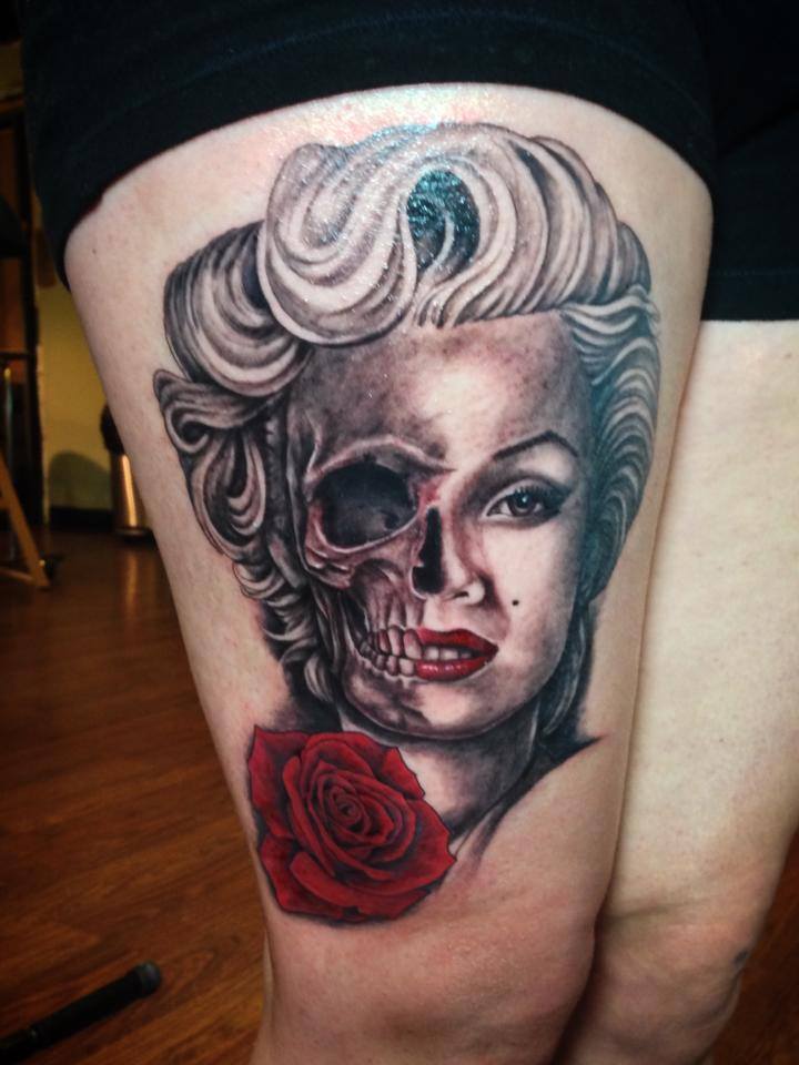 Black Ink Women Face With Half Skull And Rose Tattoo On Right Thigh