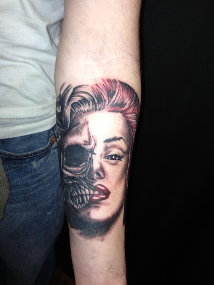 Black Ink Women Face With Half Skull Tattoo On Right Forearm