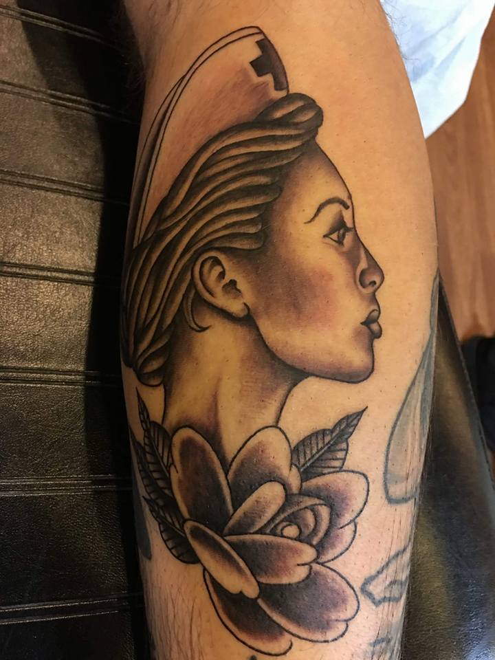 Black Ink Women Face With Rose Tattoo Design For Sleeve By Zak Schulte