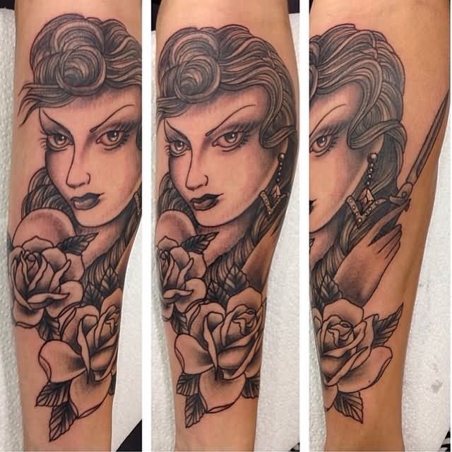 Black Ink Women Face With Roses Tattoo On Right Arm