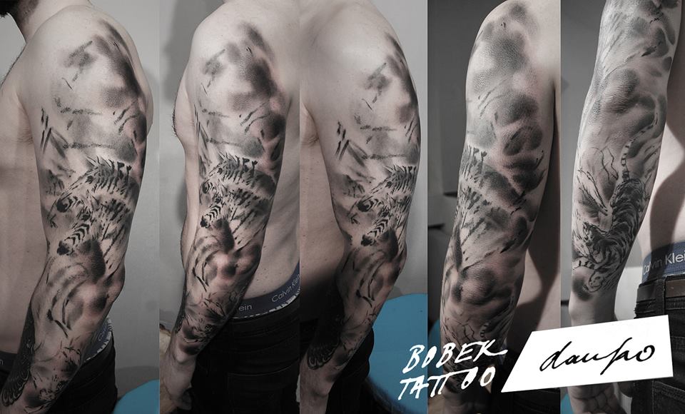 Black Ink Zebra With Tiger Tattoo On Man Left Full Sleeve By Dan Ko