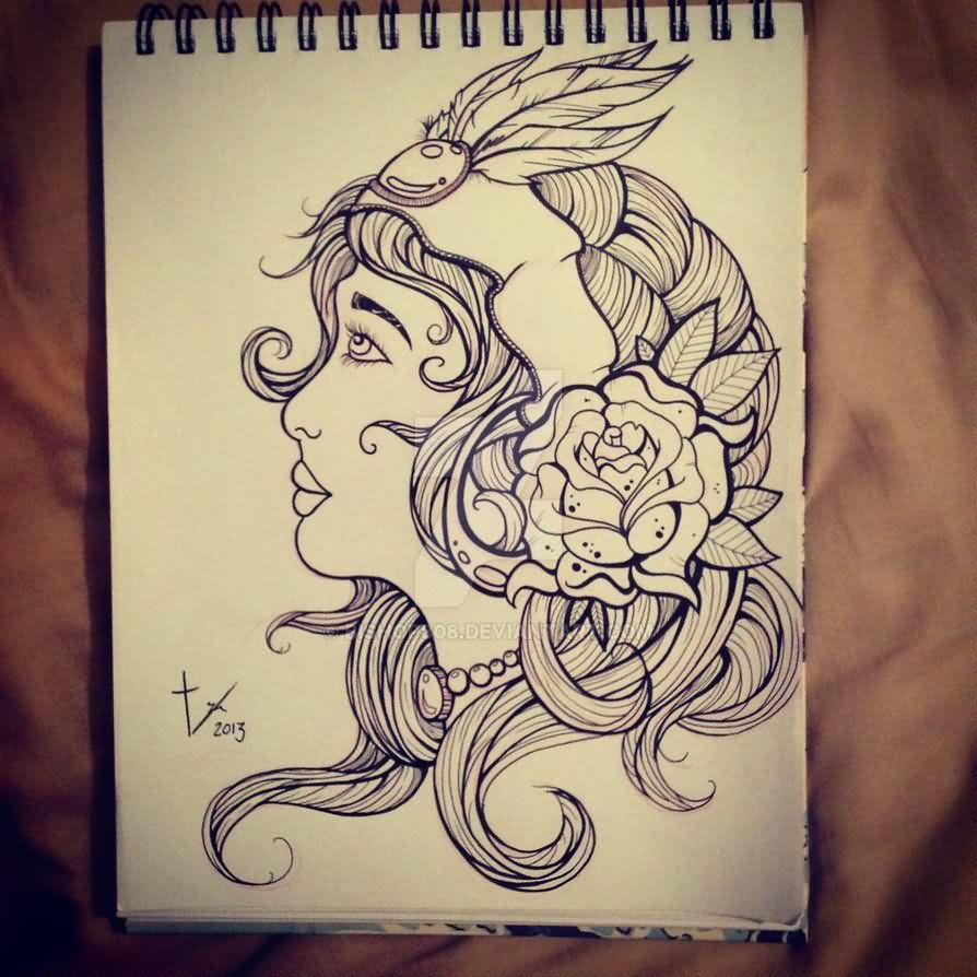 Black Outline Gypsy Girl Head With Rose Tattoo Design