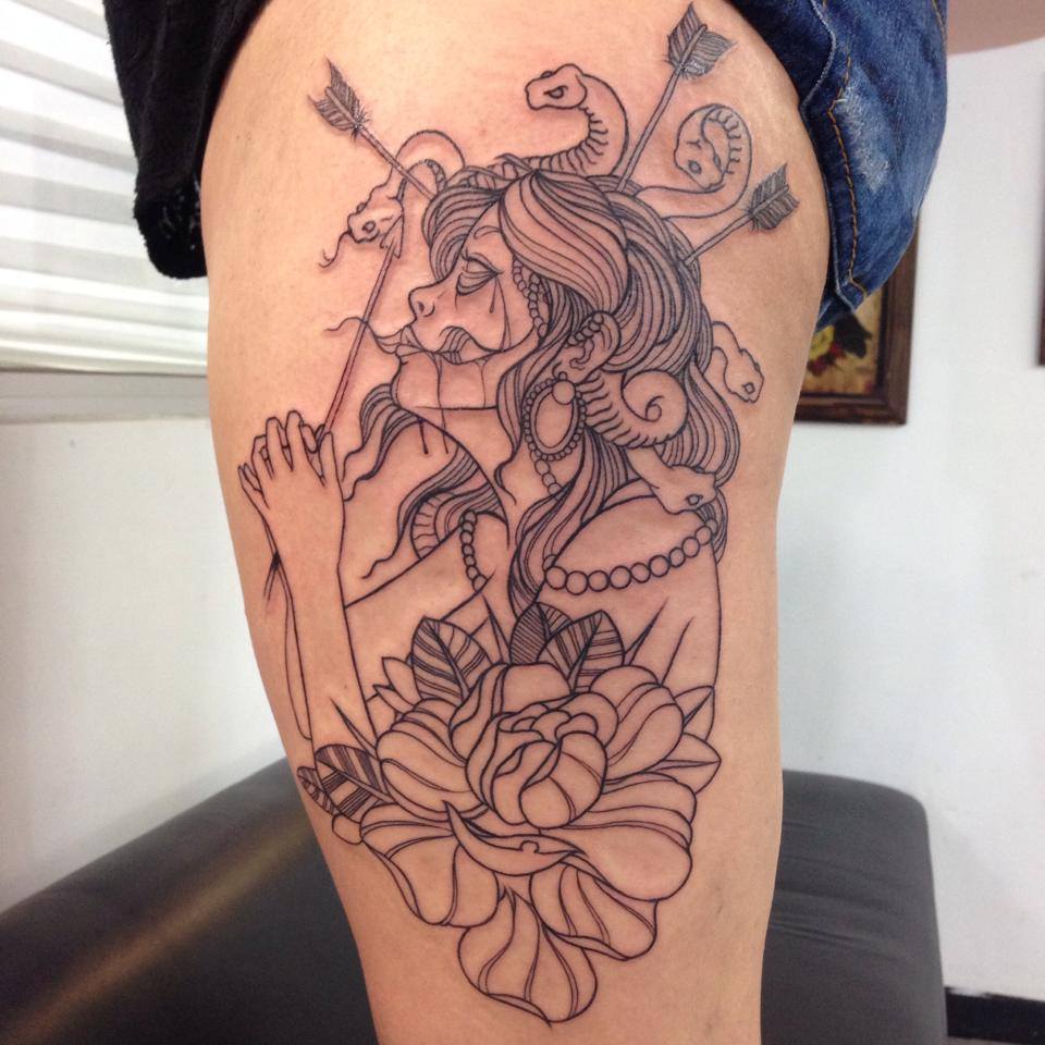 Medusa Girl Tattoo On Right Leg by Dean Denney