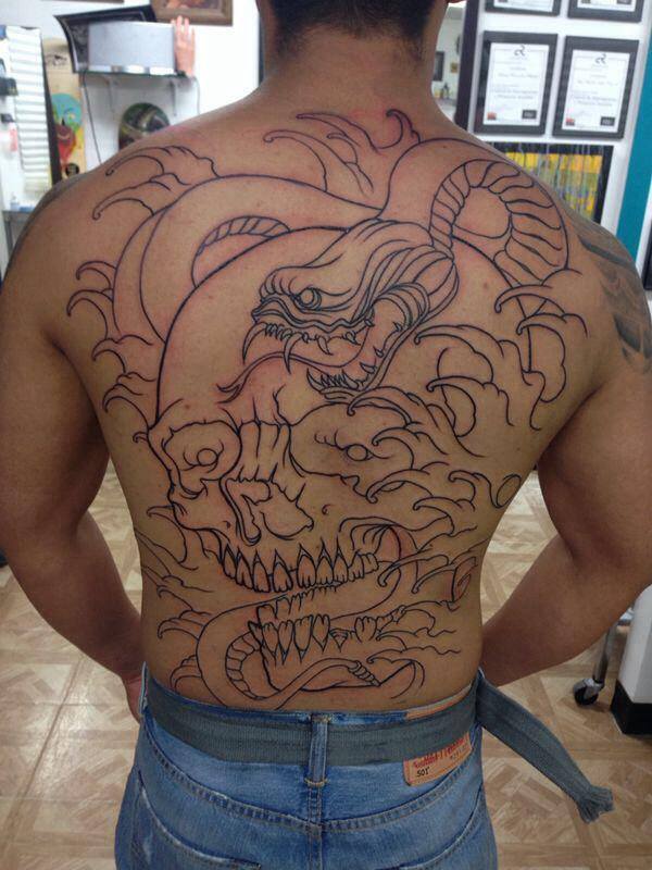 Black Outline Skull With Snake Tattoo On Man Full Back By Pig Legion