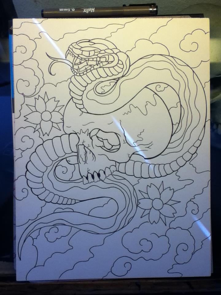 Black Outline Snake In Skull Tattoo Design By Tyler Bishop