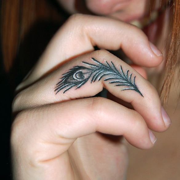 Black n Grey Peacock Feather Tattoo On Finger