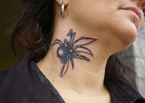 Black n Grey Spider Tattoo On Side Neck For Women