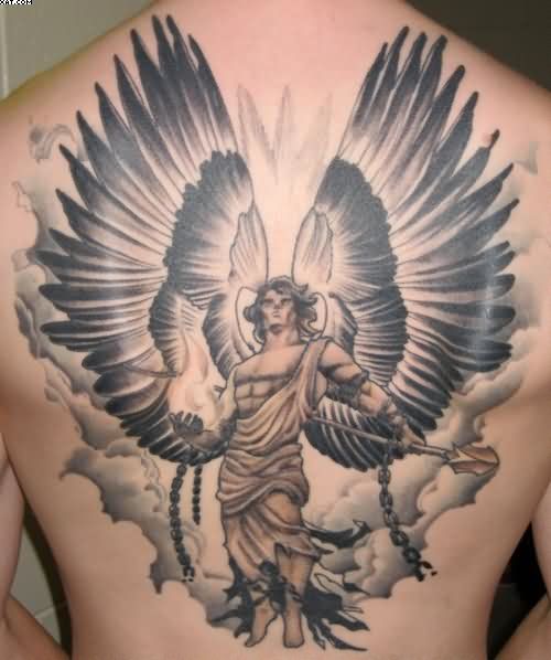 Black n Grey Warrior Angel Tattoo On Back