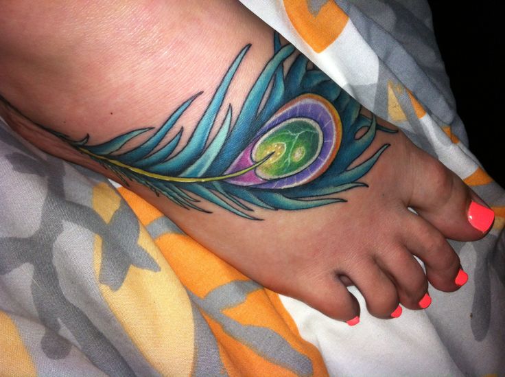 Blue Ink Peacock Feather Tattoo On Right Foot
