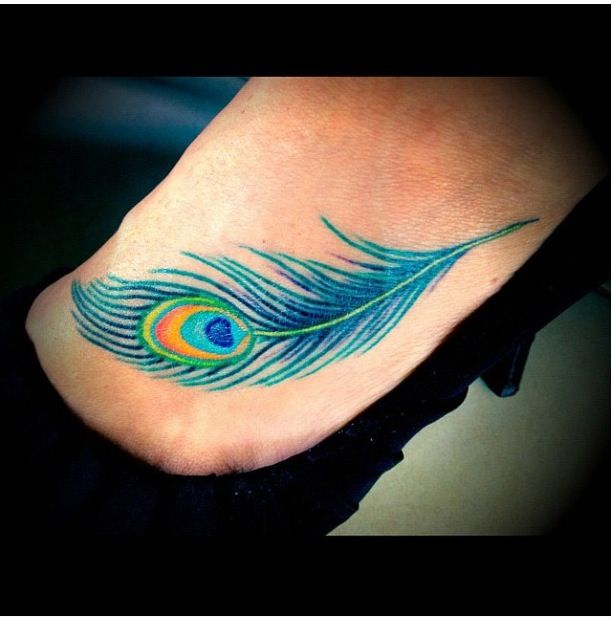 Blue Peacock Feather Tattoo On Left Foot