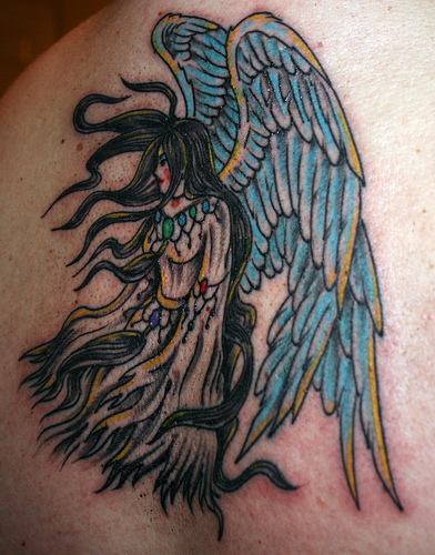Blue Wings Angel Tattoo On Back Shoulder