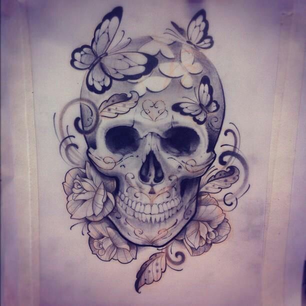 Butterflies And Skull Tattoo Design