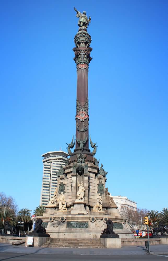 Christopher Columbus Statue On The Top Of The Monument