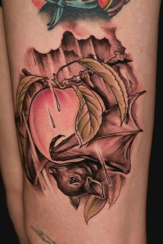 Classic Bat With Apple Tattoo On Thigh By Shawn Hebrank