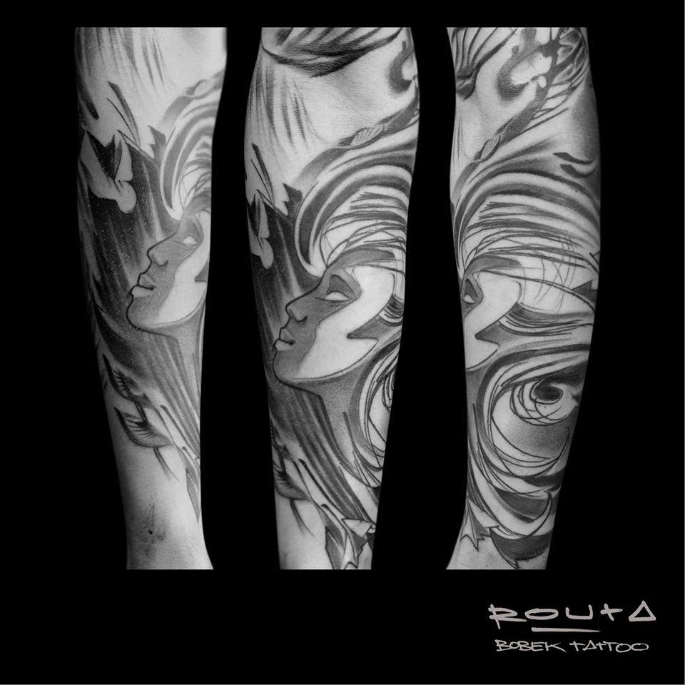 Classic Black And Grey Women Face Tattoo On Arm By Martin Routa