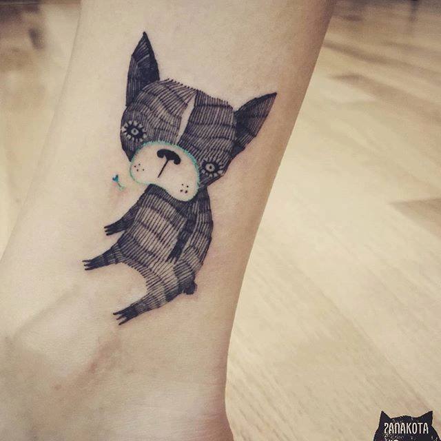 Classic Black Ink Dog Tattoo On Leg By Panakota