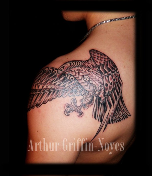 Classic Black Ink Flying Eagle Tattoo On Man Left Back Shoulder By Arthur Griffin Noyes