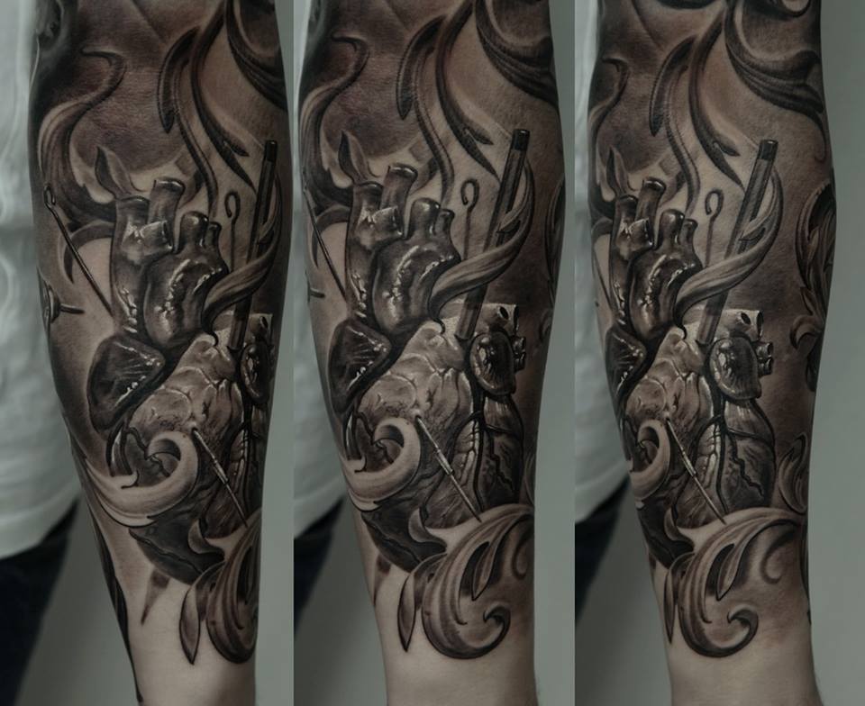 Classic Black Ink Real Heart Tattoo On Sleeve By Dmitriy Samohin