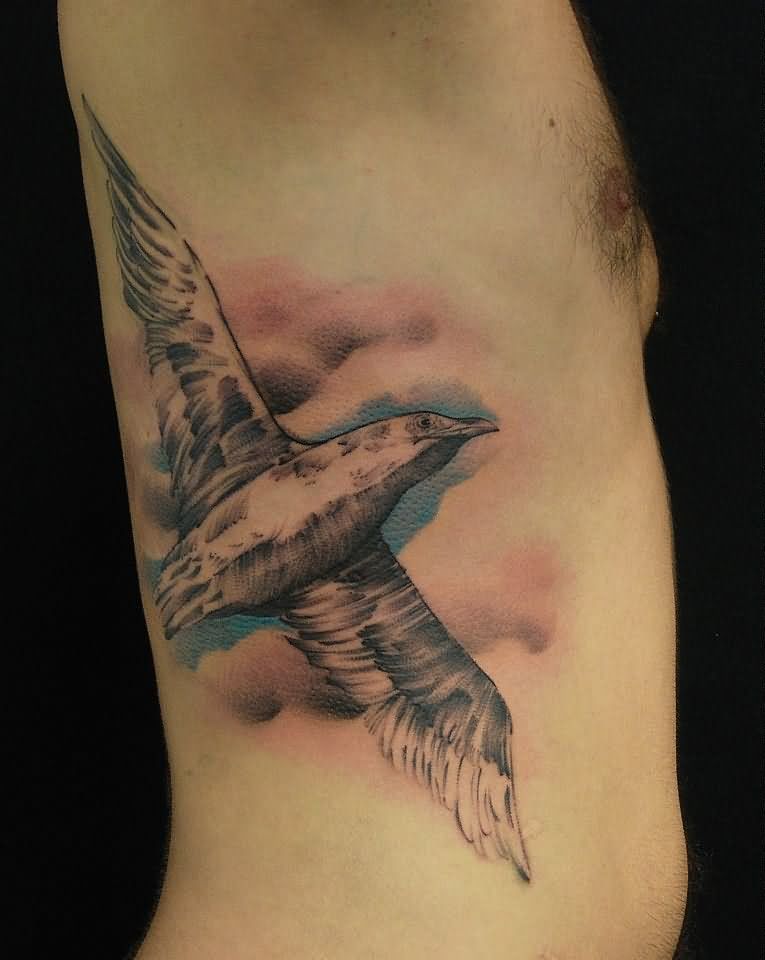 Classic Flying Bird Tattoo On Right Side Rib