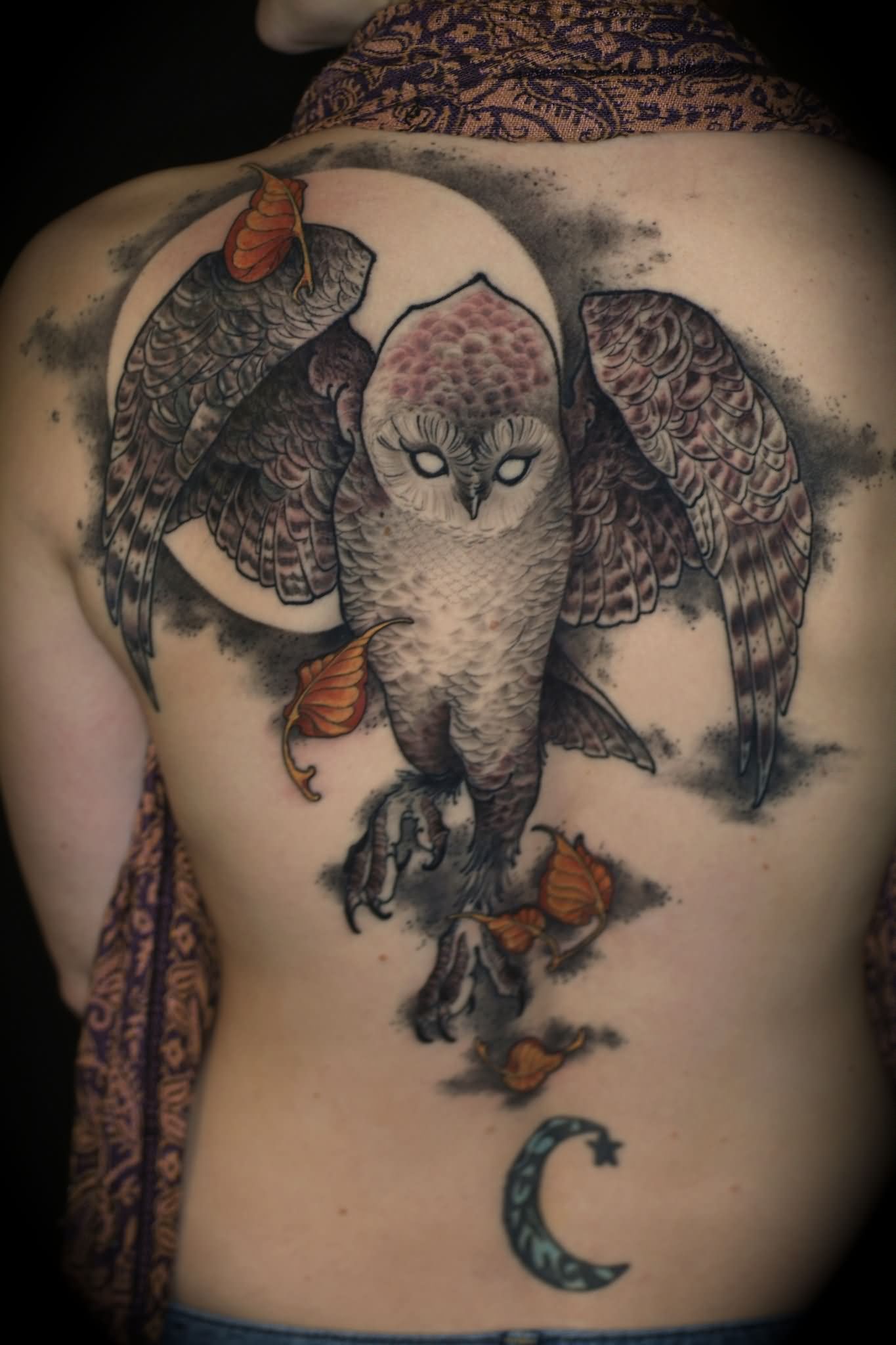 Classic Flying Owl Tattoo On Man Full Back By Ben Merrell