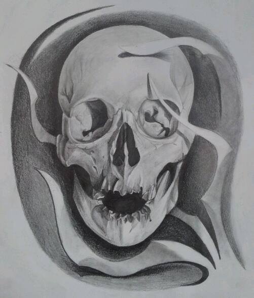 Classic Grey Ink 3D Skull Tattoo Design By Kapitoliy