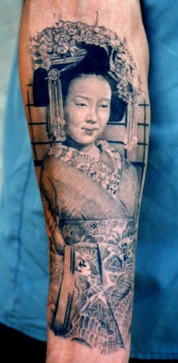 Classic Grey Ink Geisha Portrait Tattoo On Forearm By Tom Renshaw