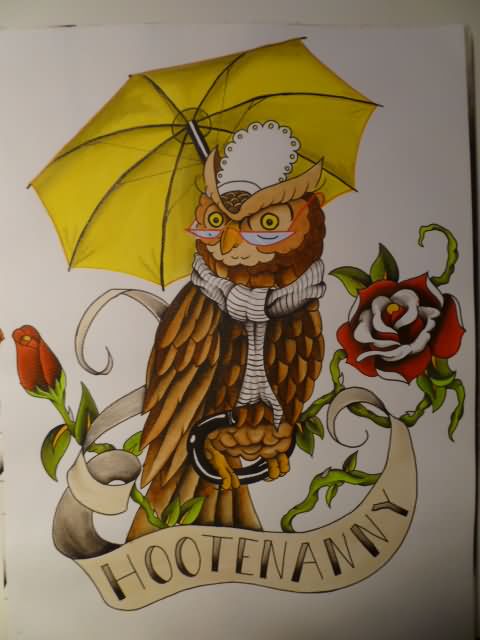 Classic Owl With Roses And Banner Tattoo Design By Tyler Bishop