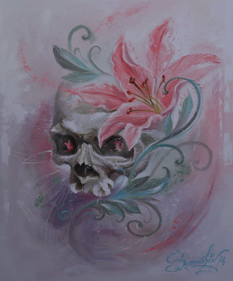 Classic Skull With Flower Tattoo Design By Dmitriy Samohin