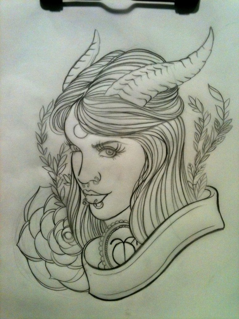 Classic Women With Horns And Rose Tattoo Design By Pig legion