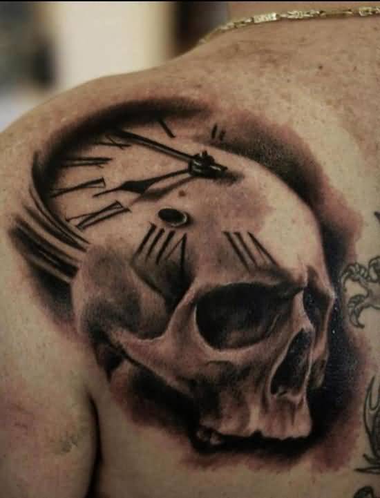 Clock And Skull Tattoo On Back Shoulder