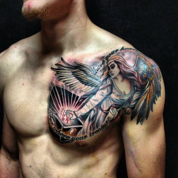 Color Ink Angel Tattoo On Man Chest