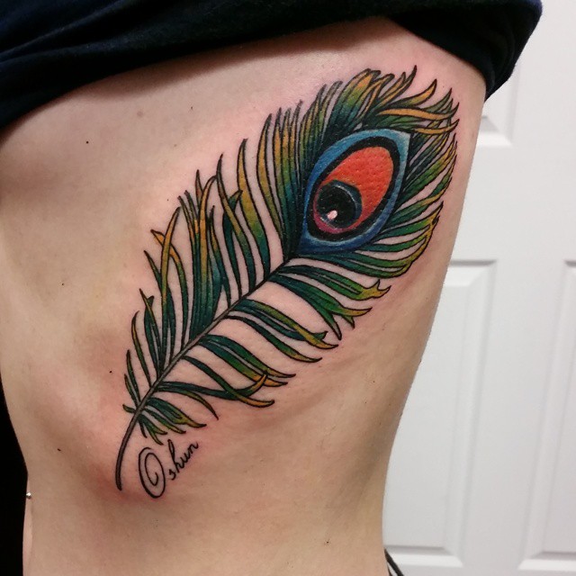 Color Ink Peacock Feather Tattoo On Rib Side